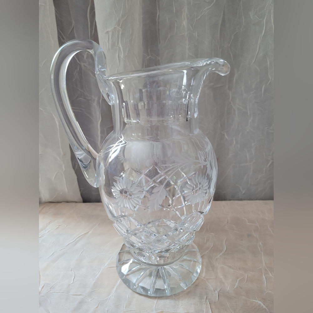 Large Crystal Rogaska Aulide Gold Frosted Sunflower Lead-Cut Pitcher